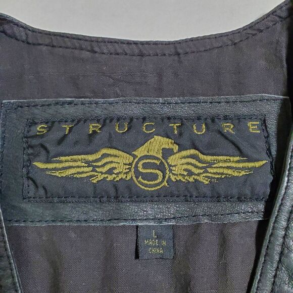 Vintage 90’s Structure Black Leather Snap Biker Vest Size L Mens - Picture 7 of 9
